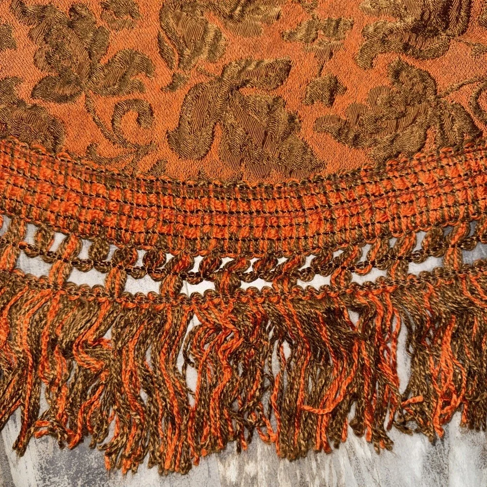 Vintage MCM Orange Brown Table Cover Sears Bellissimo Italy 72 In Round Fringe